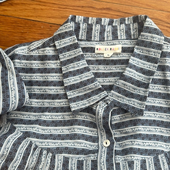 NWOT Roller Rabbit Linen floral blue Stripe mini nap shirt Dress Ruffle button - Picture 4 of 6